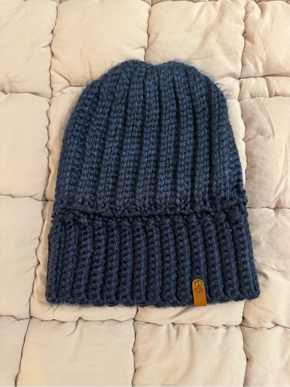 Chunky Navy Knit Beanie with Leather Logo Accent